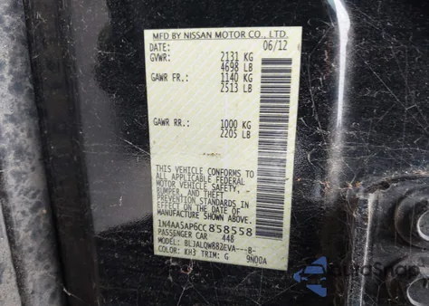 2012 Nissan Maxima 3.5 S z USA, uszkodzony, nr VIN 1N4AA5AP6CC858558